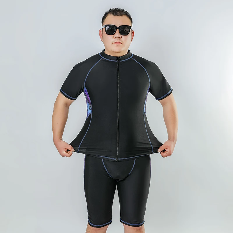 Men's Two Pieces Swimsuits Short Sleeve Plus Size Rash Guard Shirt with Shorts Set Long Leg for Surfing Zip Front Quick-Drying