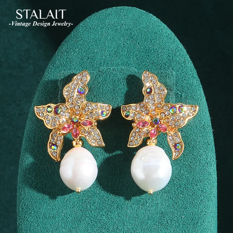 

Vintage Pearl Earrings Freshwater Luxury Rhinestones Sea Star Drop For Woman Gold Color Jewelry Natural Accessories 2025 Trend