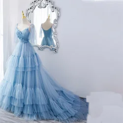 Robe de Soirée Longue et Chic à Bretelles Spaghetti pour Femme, Tenue de Bal, Col en V, Bleu Ciel, Filet, Trapèze, Lys