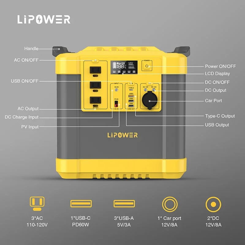 Lipower 2000w Camping Power Station Lifepo4 Battery Charge Solar Generator Portable Power Station