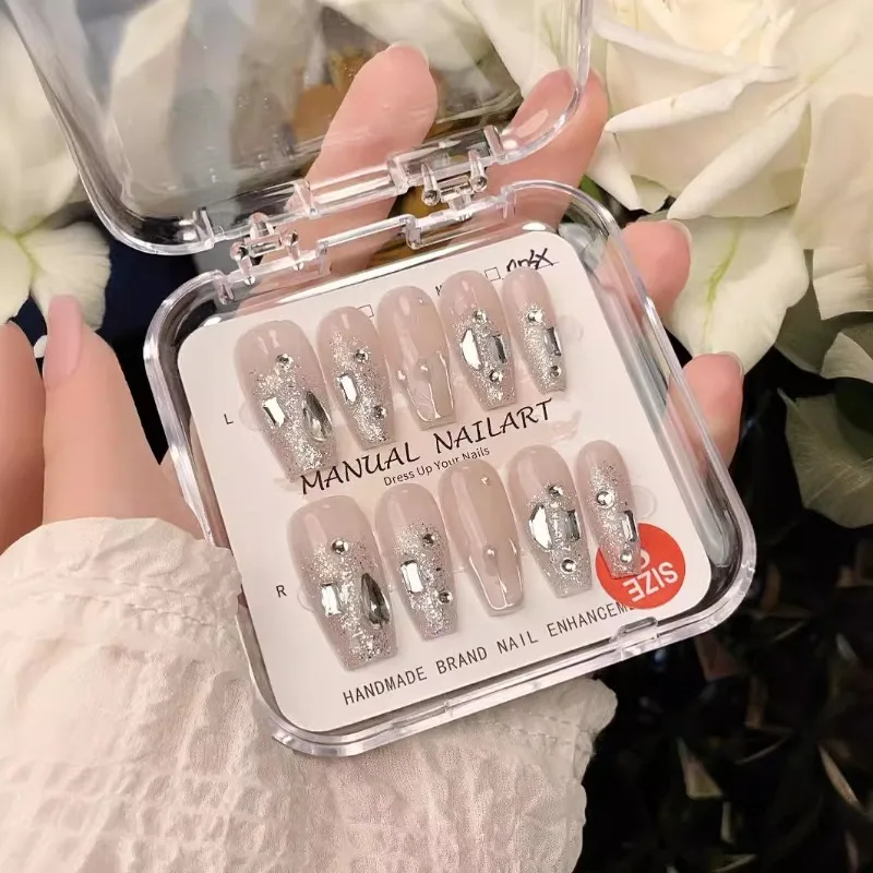 10pcs Handmade Long Set of False Nails for Girls Nude Rhinestones Fake Nails with Design Press on Nails with Glue Removable 2025