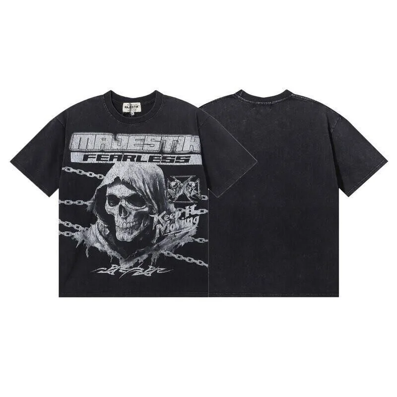 MAJESTIK Street Streetwear Retro Skull Print Washed Vintage Stained Beaded Loose Casual Short-Sleeved T-shirt ins