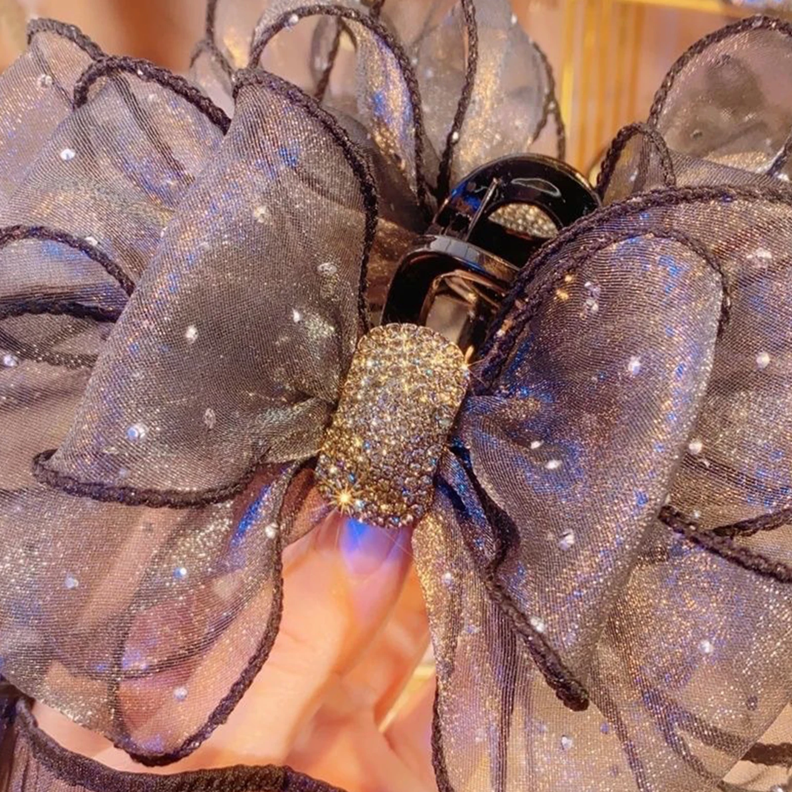 Trendige Strass-Haarklammer Elegante Schleifenknoten-Gaze-Haarspange Koreanischer Stil Schleifen-Haarklammer Exquisites Haar-Deko-Accessoire – Detail 6