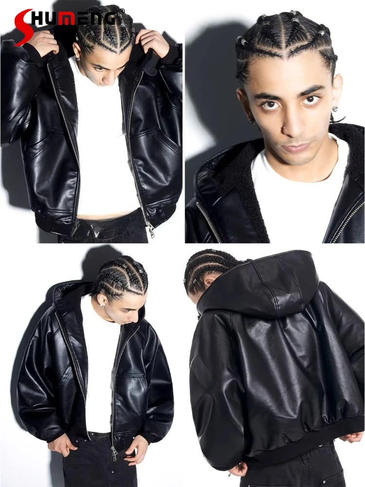 

Men's 2025 Autumn Winter New Hooded Glossy Faux Leather Jackets Thickened Faux Leather Coat Long Sleeve Pocket Decoration Coats