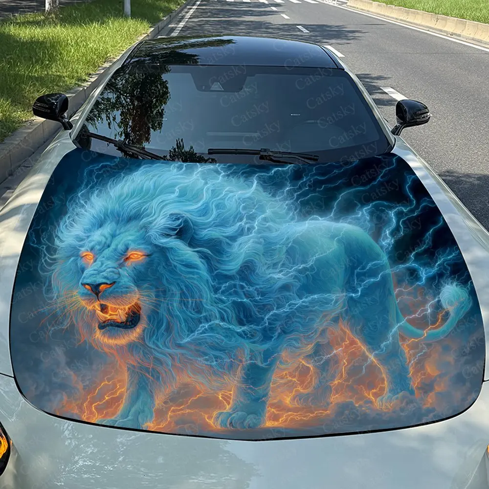 

Blue Flame Lion Car Hood Wrap Colorful Vinyl Waterproof Sticker For Trucks, Decorative Bonnet Graphics High Quality Gifts