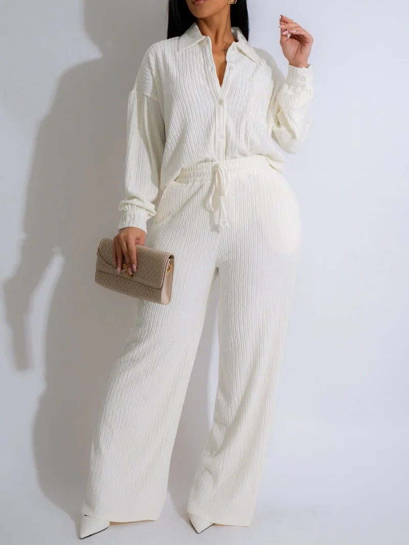 

Women Solid Shirring 2 Piece Set Turn Down Collar Long Sleeve Single Breasted Shirts Tops + Wide Leg Pants Loose Casual Suits