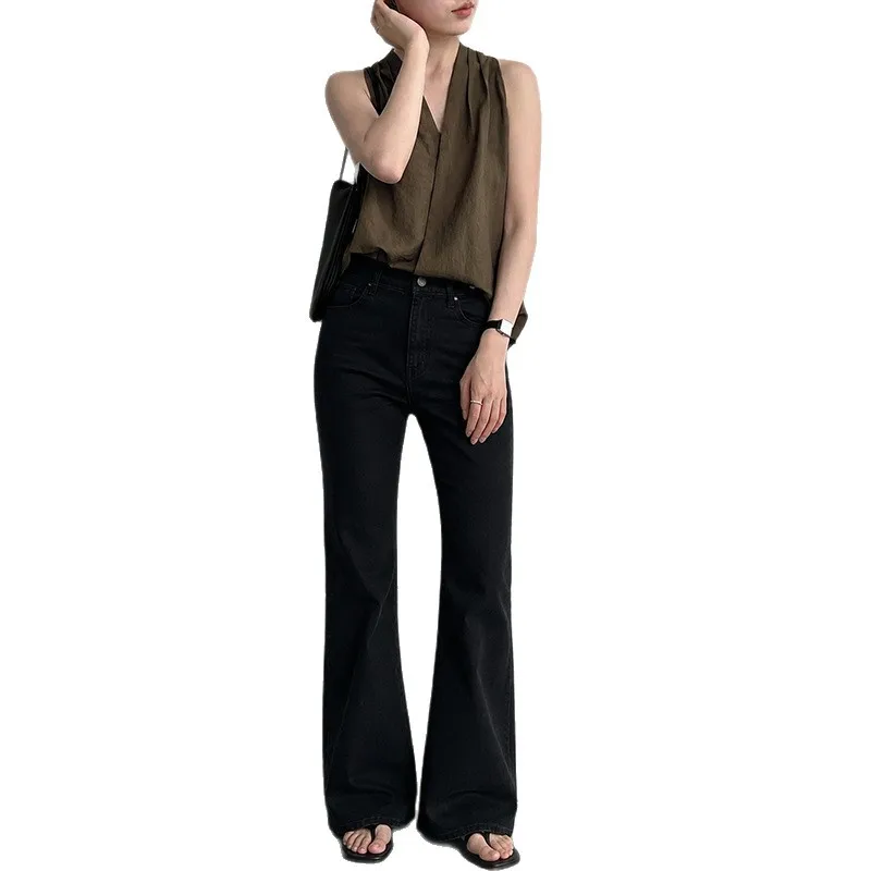 джинсы клеш YJKDYK Denim Trousers For Woman 2026 Autumn New Casual Versatile Loose Wide-leg Pants Comfortable Cotton Black Jeans