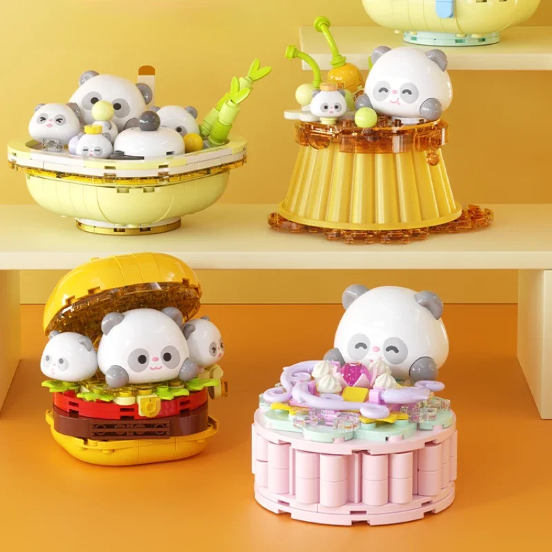 Kawaii Panda Food Small Particle Building Blocks Puzzle Assembly Pudding Smoothie Model Ornaments Toy Collection Gift