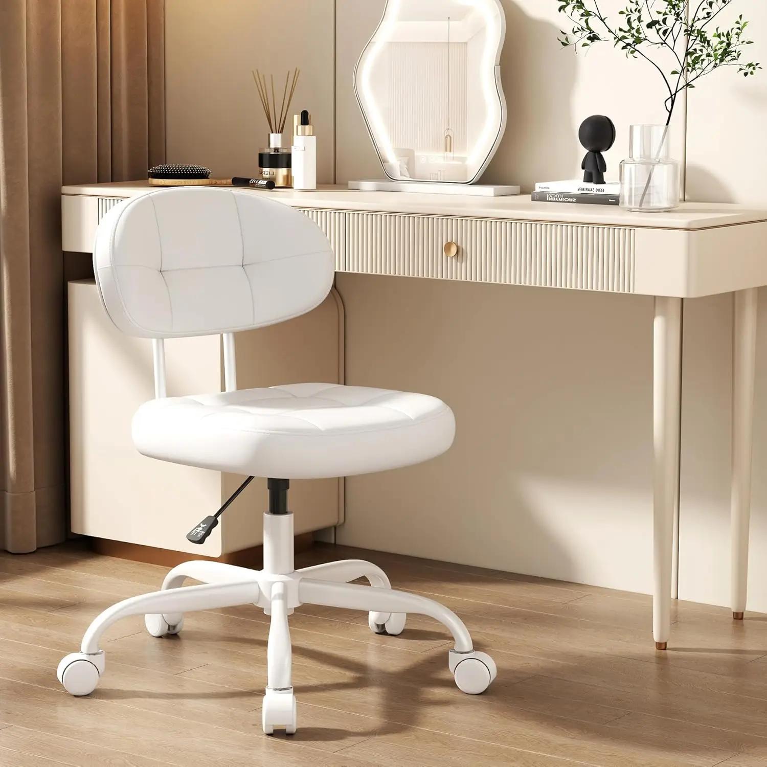

Vanity Chair with Back, Small Armless Cute office Chair with wheels and Lumbar support, Comfy PU Leather Desk Computer Chairs wi