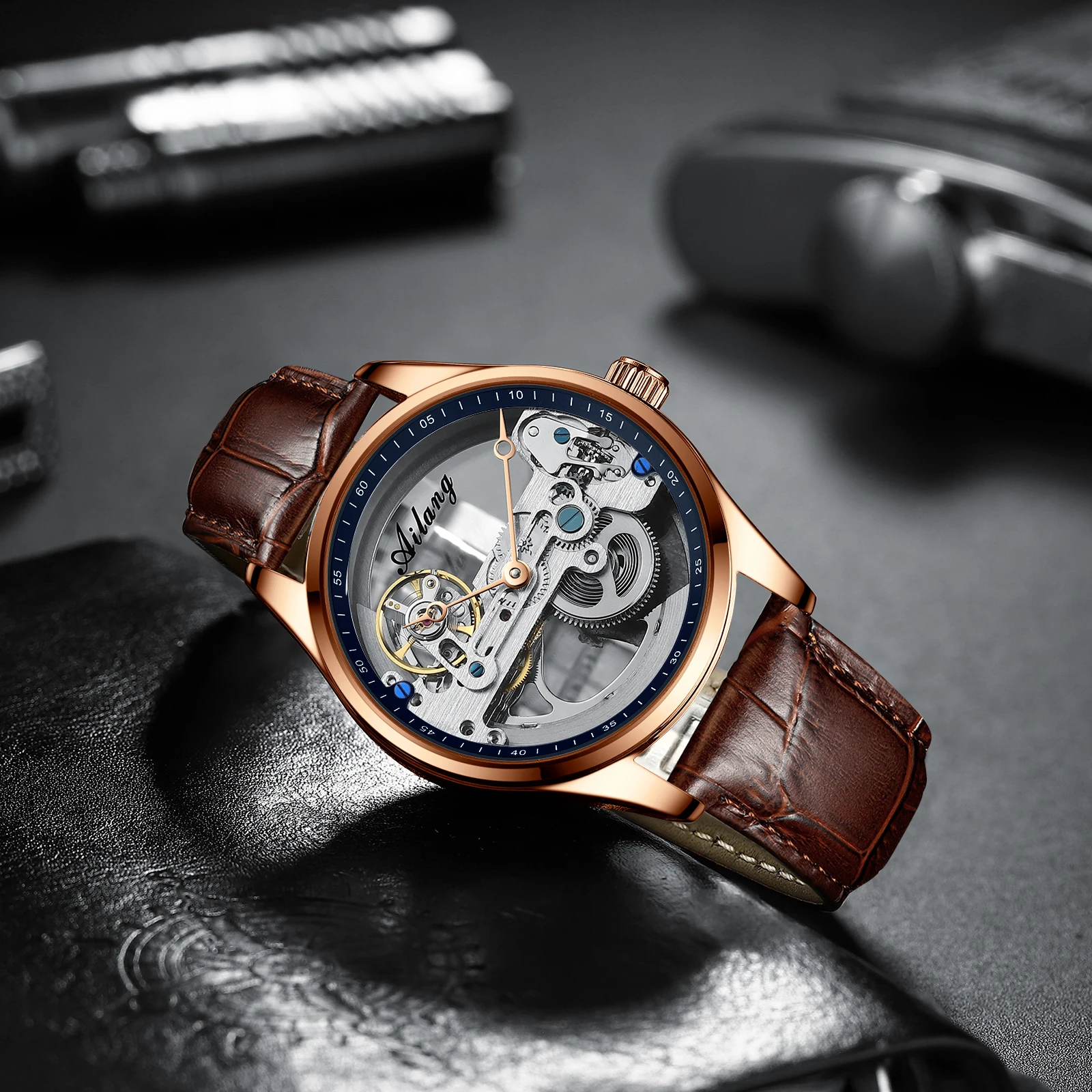 AILANG Brand New Luxury Fashion Steampunk Hollow Men's Sports Stainless Steel Waterproof Skull Tourbillon Mechanical Watch