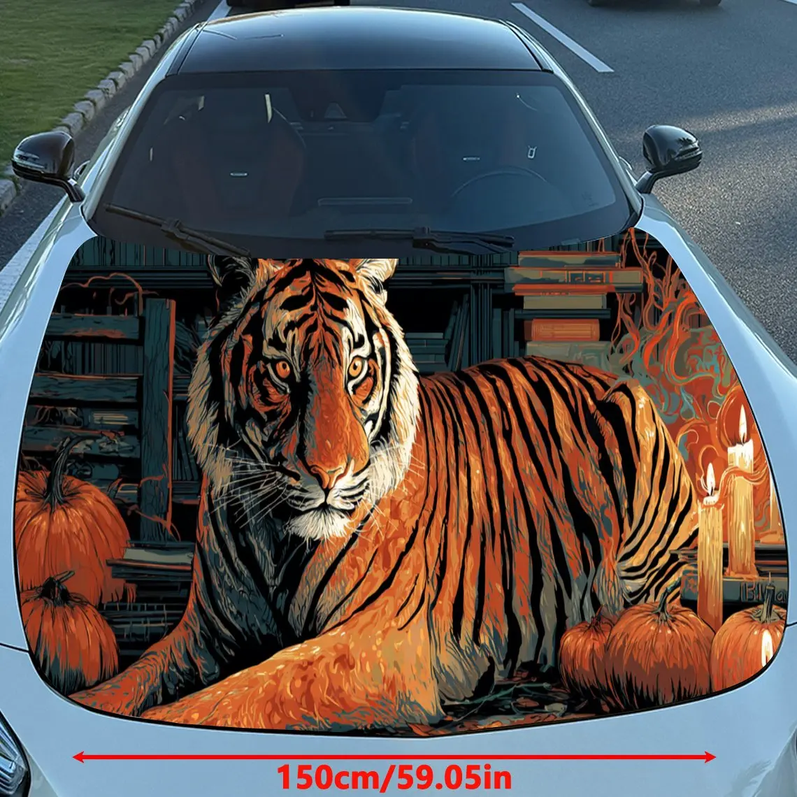 Impressive Orange Tiger Car Hood Stickers - Self-Adhesive, Waterproof and Durable Vinyl Wrap, Decorate And Protect Your Car, Fit