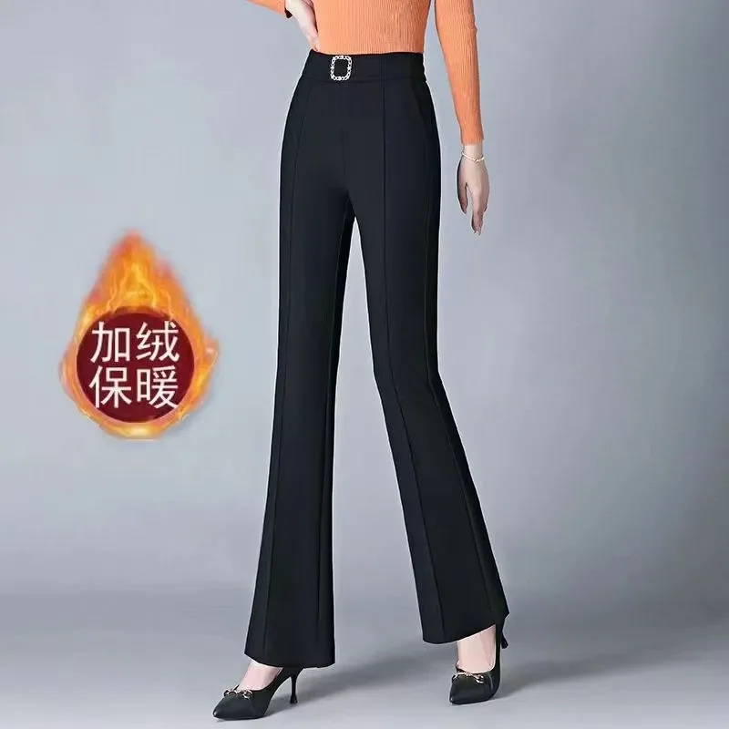 Black Micro-flare Pants for Women in Autumn and Winter New Casual Plus Velvet Straight-leg Suit Pants