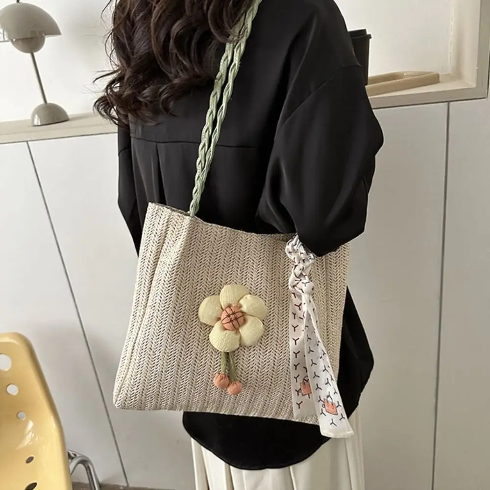 

Casual Flower Straw Woven Tote Bag Balletcore Solid Color Beach Shoulder Bag Bucket Bag Ribbon Women Handbag Travel