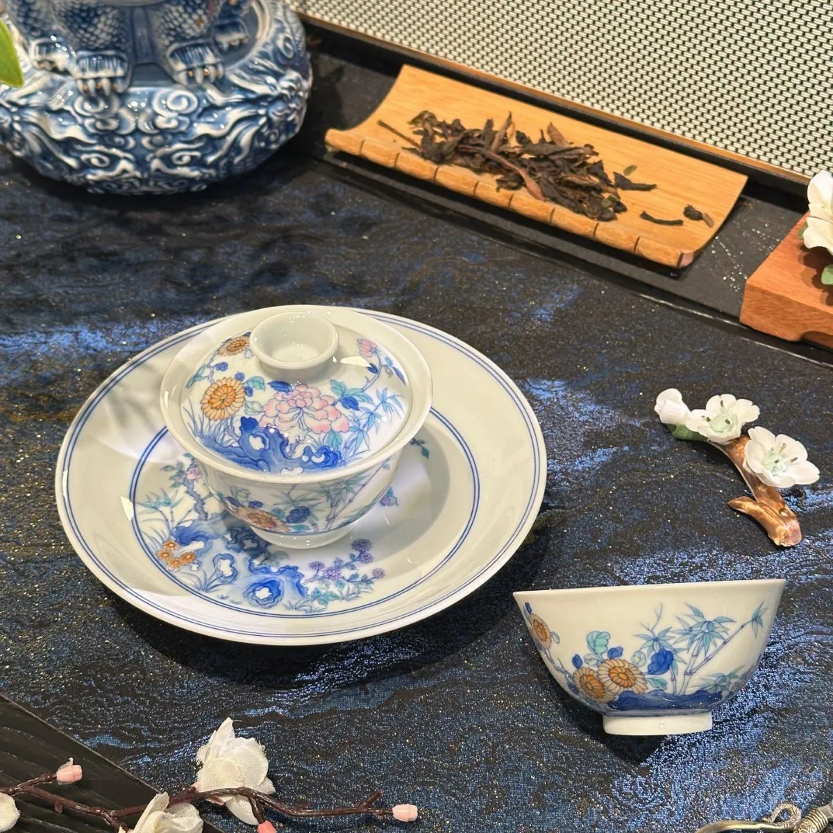 Jingdezhen ceramic pure hand-painted tea set, bucket color butterfly love flower high-end gift tea set