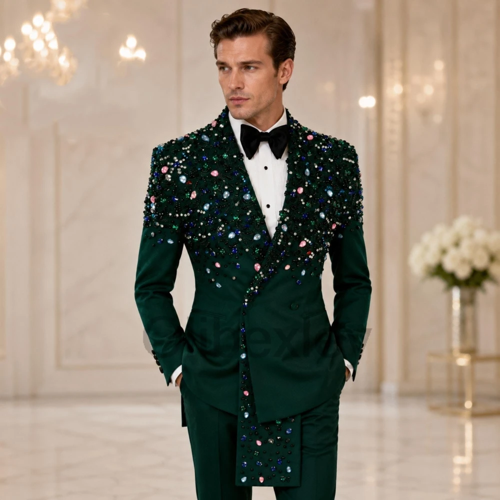 Olibexley Luxury Green 2 Pieces Sets Men's Suits Colorful Beaded Diamond Groom Wedding Blazers Male Ropa Hombre Customized S252
