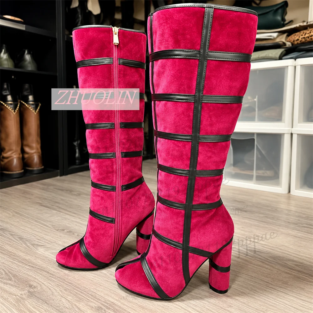 Women Fuchsia Knee High Boots Black Contrast Strap Round Toe Block Heel Side Zipper Suede Look Fall Winter Fashion Dress Shoes