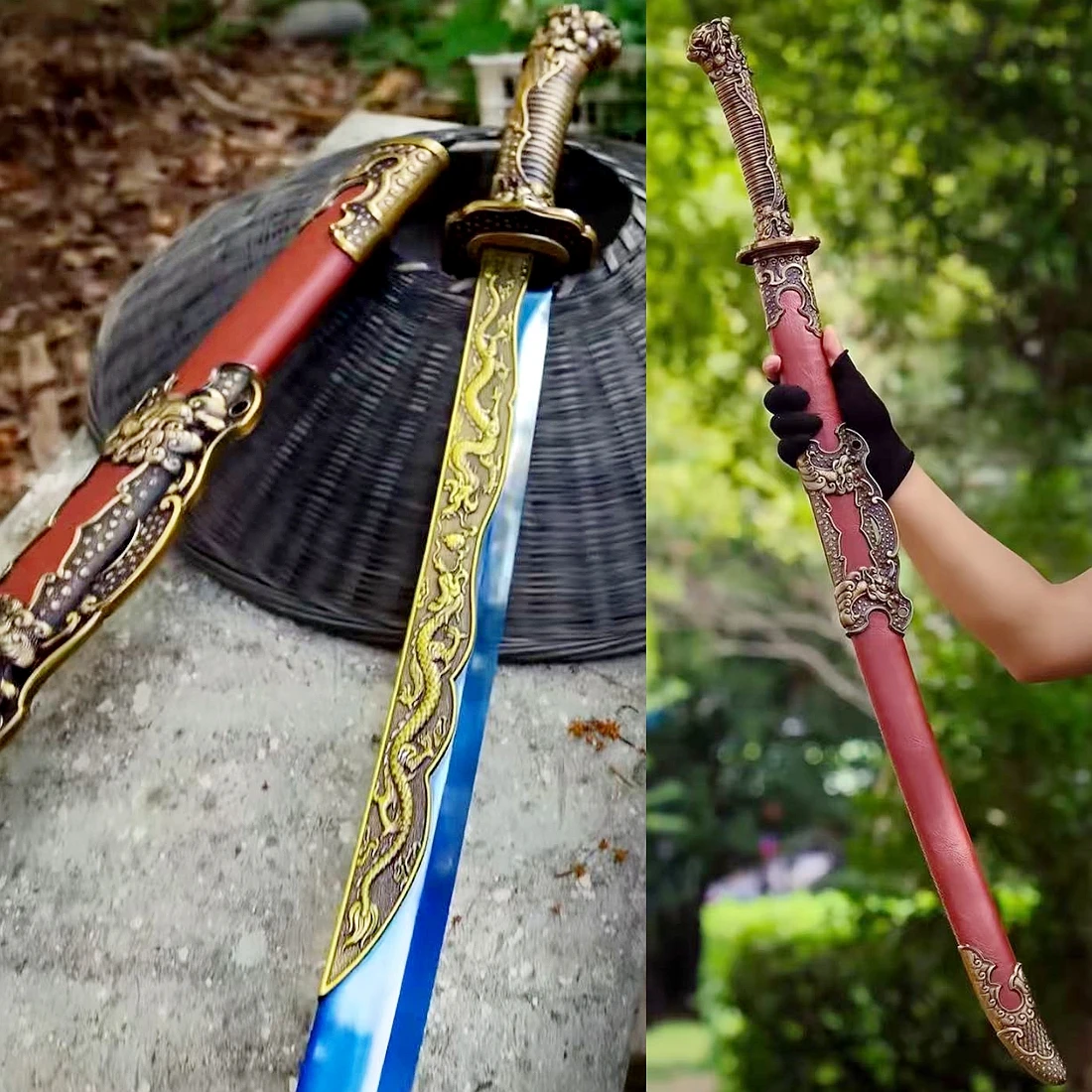Blaue Klinge, starker hoher Manganstahl, WuShu, breites Schwert, Metall-Drachengriff, chinesisches