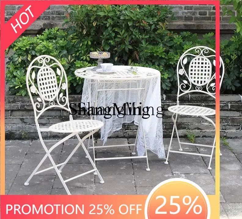 ชุดโต๊ะและเก้าอี้เหล็กดัดสไตล์เรโทรสำหรับกลางแจ้ง เฟอร์นิเจอร์ระเบียงโลหะ ชุดโต๊ะและเก้าอี้แบบรวม