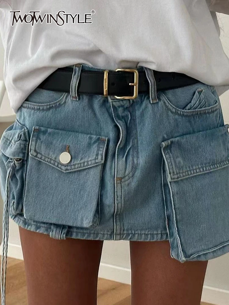 

TWOTWINSTYLE Patchwork Belt Skirts For Women High Waist Spliced Pocket Casual A Line Summer Solid Skirt Female Fashion 2023 New