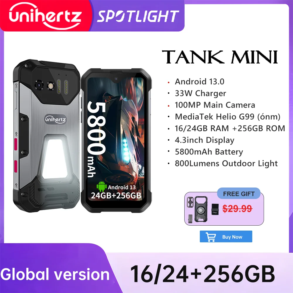 Unihertz 8849 Tank Mini Rugged Smartphone 4.3 Inch Display 5800mAh 16GB+256GB Android 13 Helio G99 100MP Cameras IP68 Waterproof