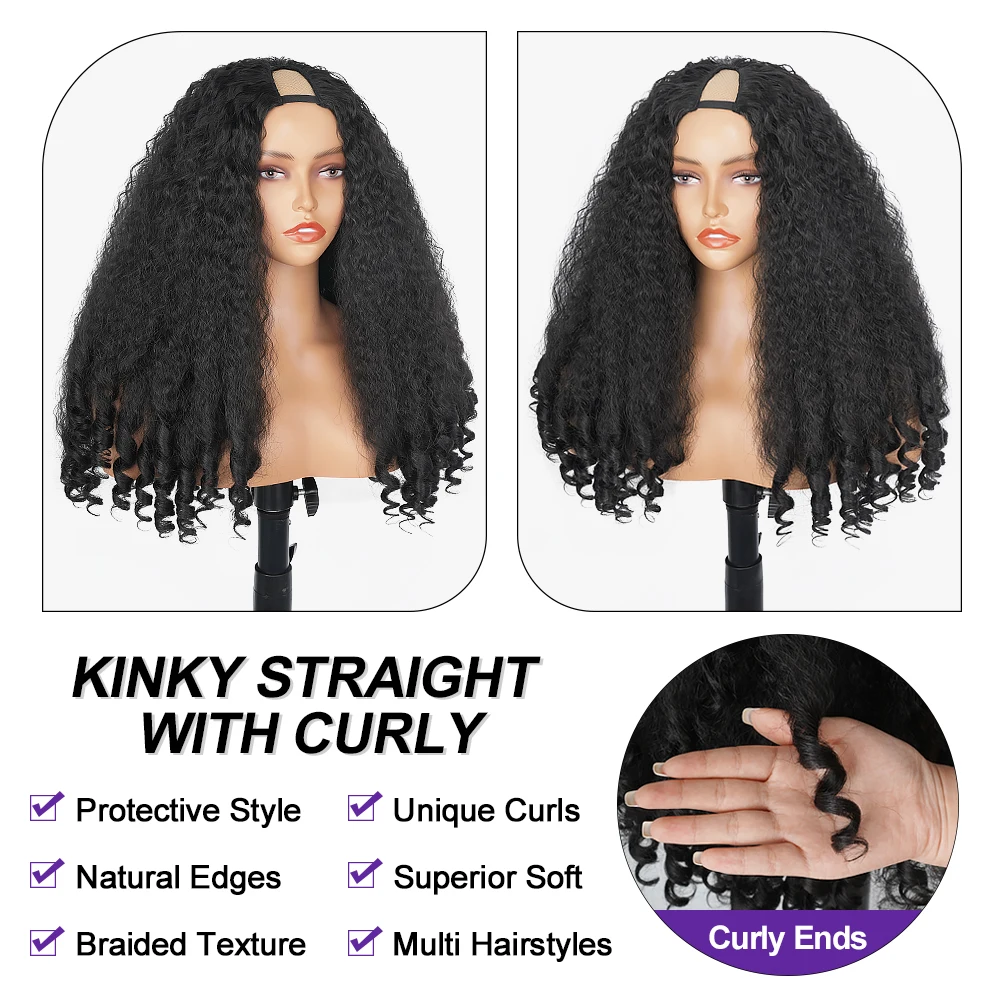 Afro Curly V Part Wig Synthetic Kinky Straight with Bouncy Curly Ends Fluffy Bouncy Hair for Women No Leave Out Clip in Half Wig