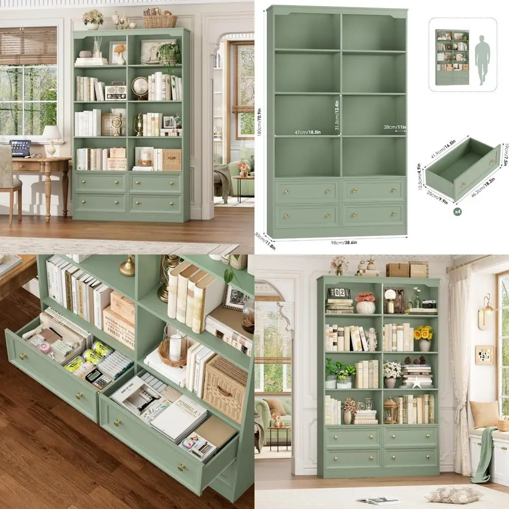 

Большая 6-ярусная двойная широкая зеленая книжная полка с местом для хранения вещей, 7 высоких книжных шкафов с 4 ящиками для организации