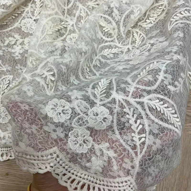 

3D cotton thread embroidered floral lace mesh fabric with tree leaves and flowers for wedding dress and clothing designer fabric