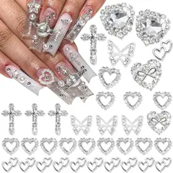 60PCS Silver Nail Charms Crystal Heart Nail Charms 3D Alloy Cross Nail Charms Metal Butterfly Charms Nail Gems Rhinestones