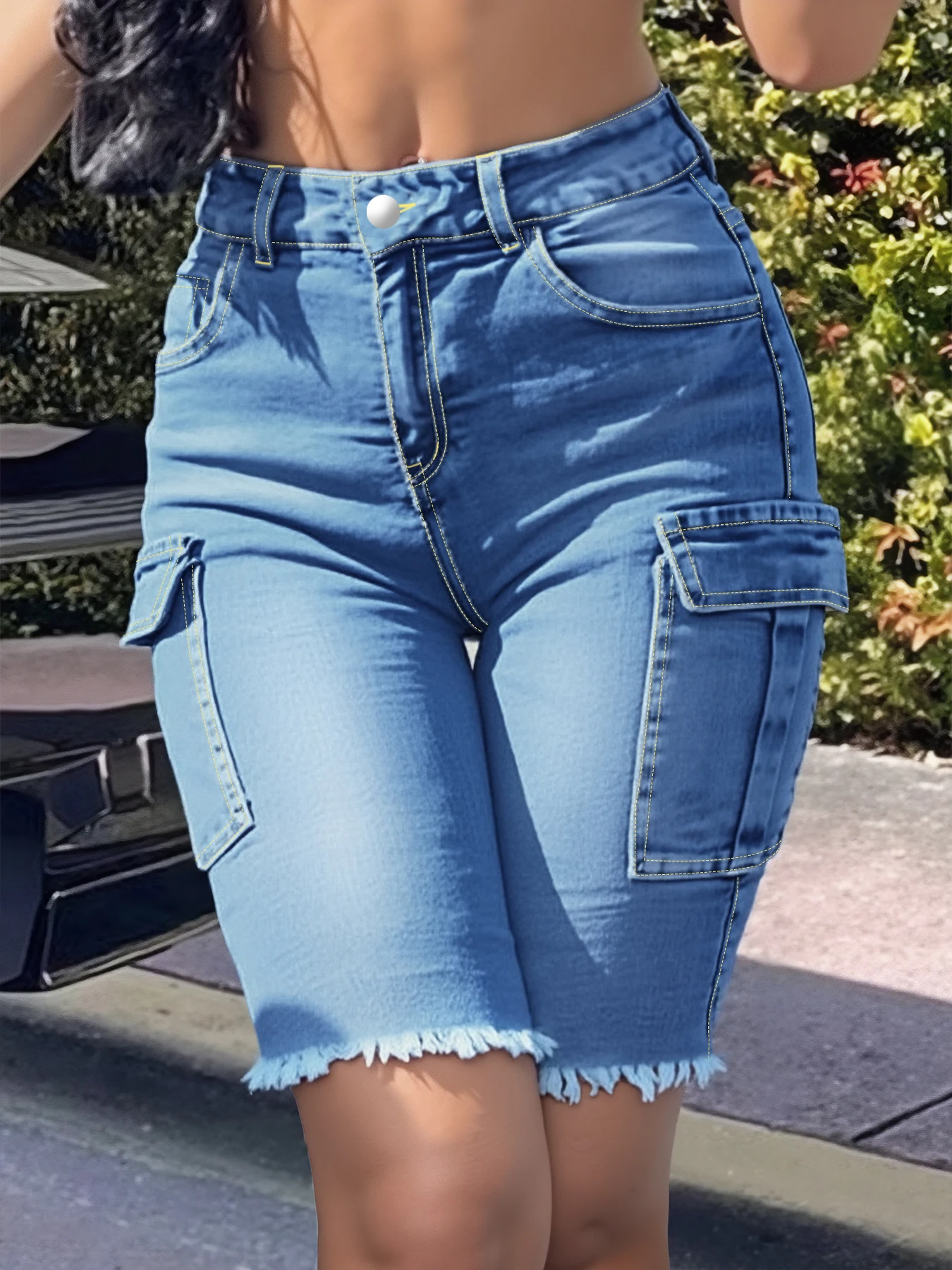 

Женские джинсовые джинсы больших размеров с высокой талией, боковыми карманами и бахромой, модные женские джинсы длиной пять четвертей