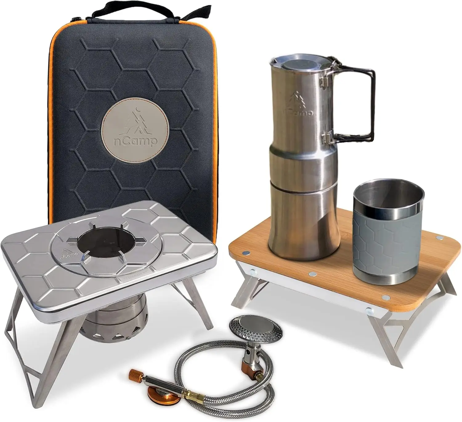 Kitchen to Go 5 Piece Bundle, Portable Compact Multi-Fuel Burning Camping Stove, ISO Propane Adapter, Elevated Bamboo Cutt