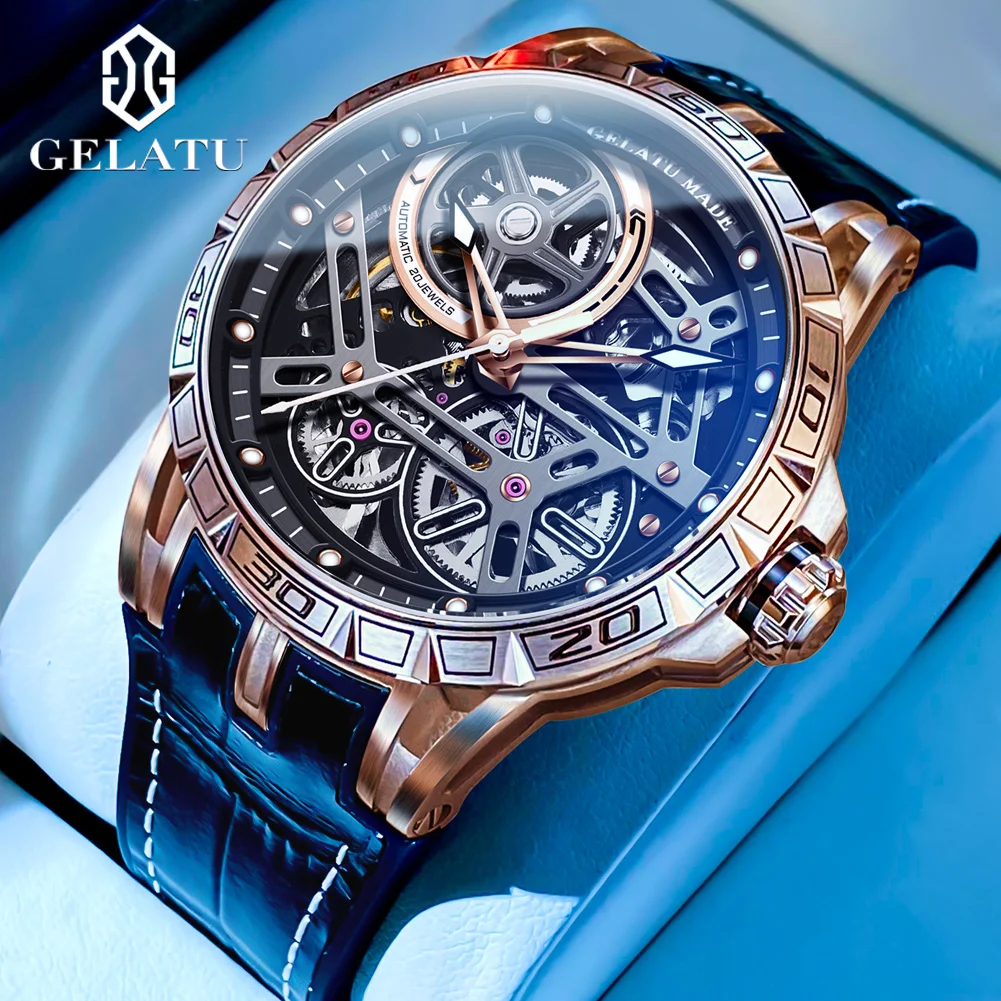 GELATU 6015 Fashion Business Hollow Mechanical Watch For Men Waterproof Luminous Hand Clock Sapphire Mirror Man Automatic Watch