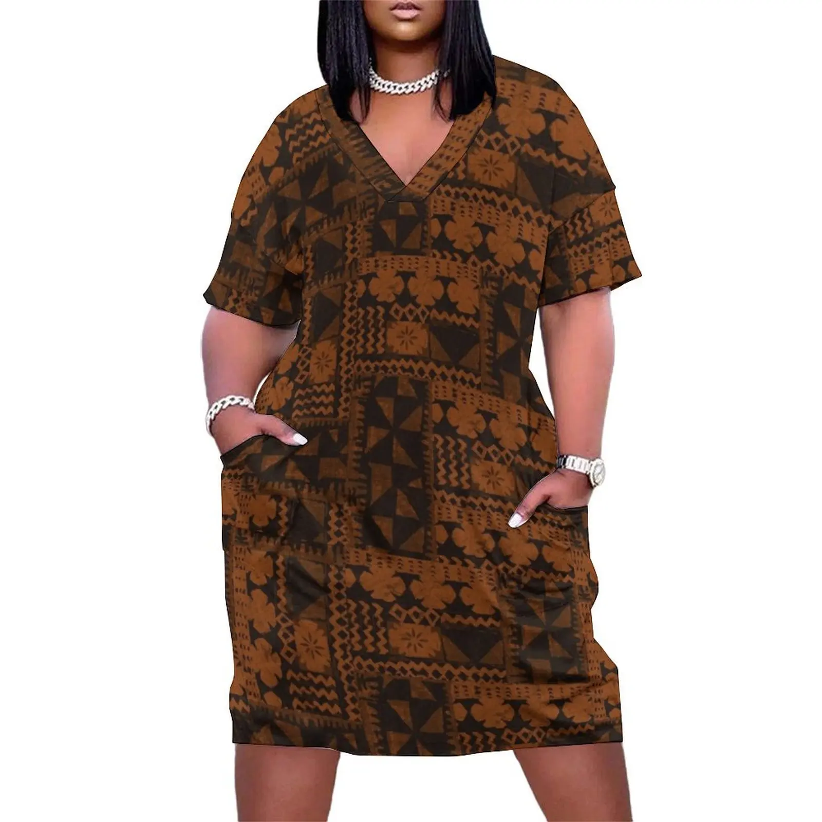 

Kalalau Tapa Hawaiian Hibiscus Vintage Aloha Print - Orange & Brown Loose Pocket Dress Party dresses loose women's dress