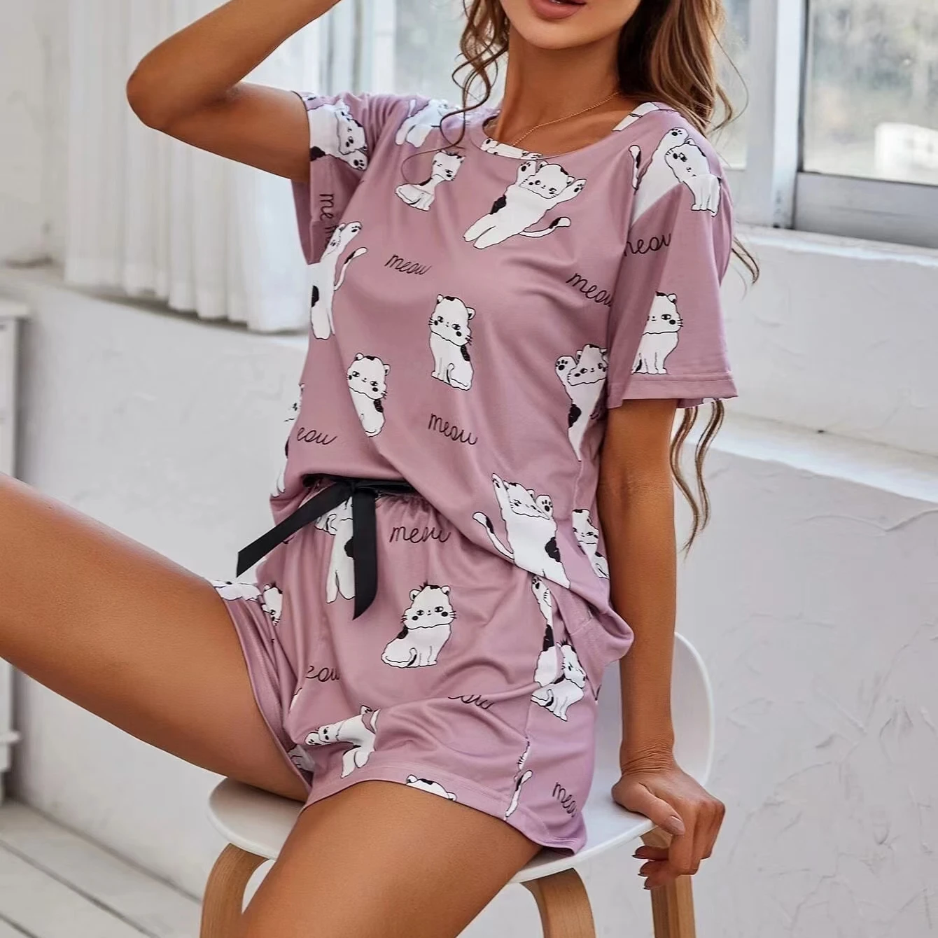 Women\'s Pajamas Set Sleepwear 2 PCS T-shirt And Shorts S M L Pink Ventilate Soft Casual Cartoon Cat Print