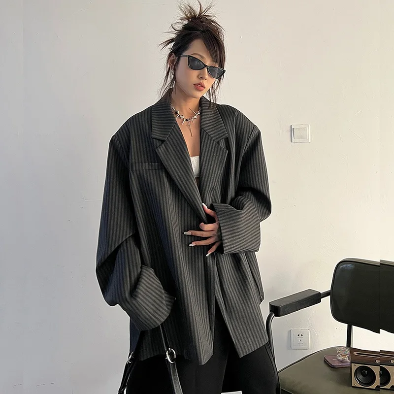 Vintage Gestreept Grijs Jasje Vrouwen Vest Lente Herfst Nieuwe Casual Losse Notched Kraag Lange Mouw Vrouwelijke Blazers Jas