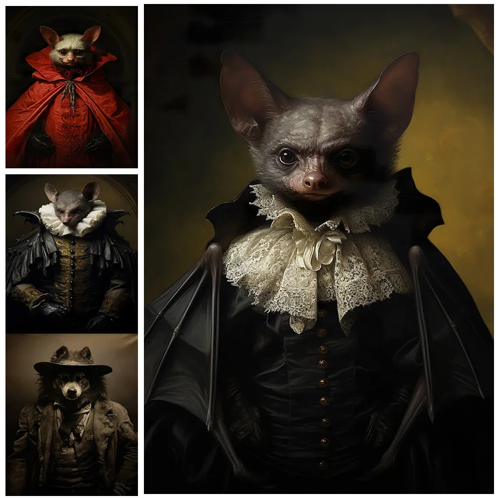 

Gothic Red Baron Bat Vintage Wall Art Vampire Portrait Canvas Painting Victorian Bat Villain Art Poster And Print Witchy Decor