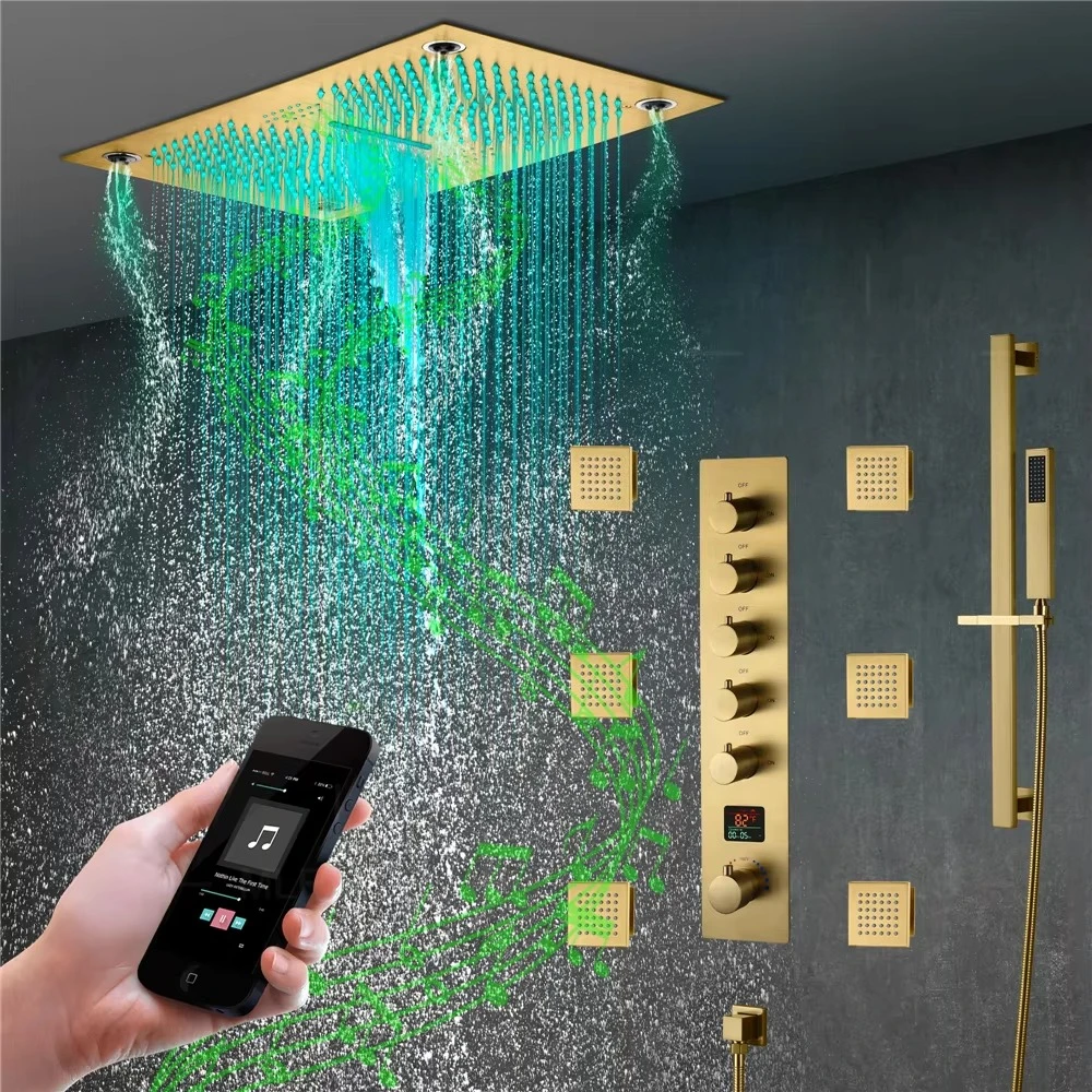 NEW 5 Functions Luxury Bathroom Shower Faucet Brush Gold 64 Color Wall Mounted Thermostatic Shower Set With Music