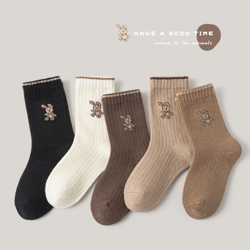 Chaussettes d'automne pour bébés, 5 paires, en coton, motif lapin de dessin animé, longueur mollet, couleur unie