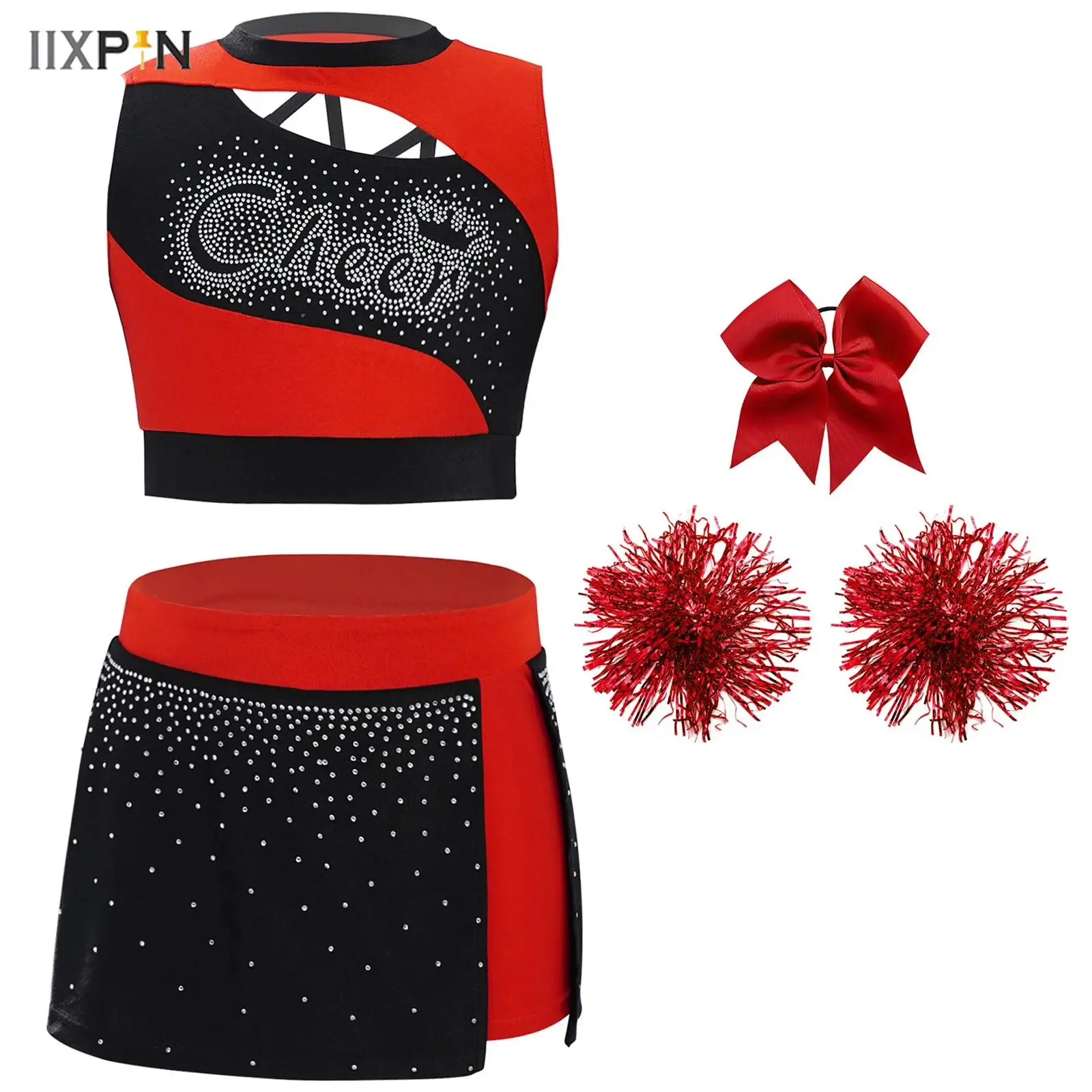

Kids Girls Cheerleading Dance Outfit Sleeveless Cutout Sparkling Rhinestones Crop Top+Side Slit Skirt+Headwear+Flower Balls Set