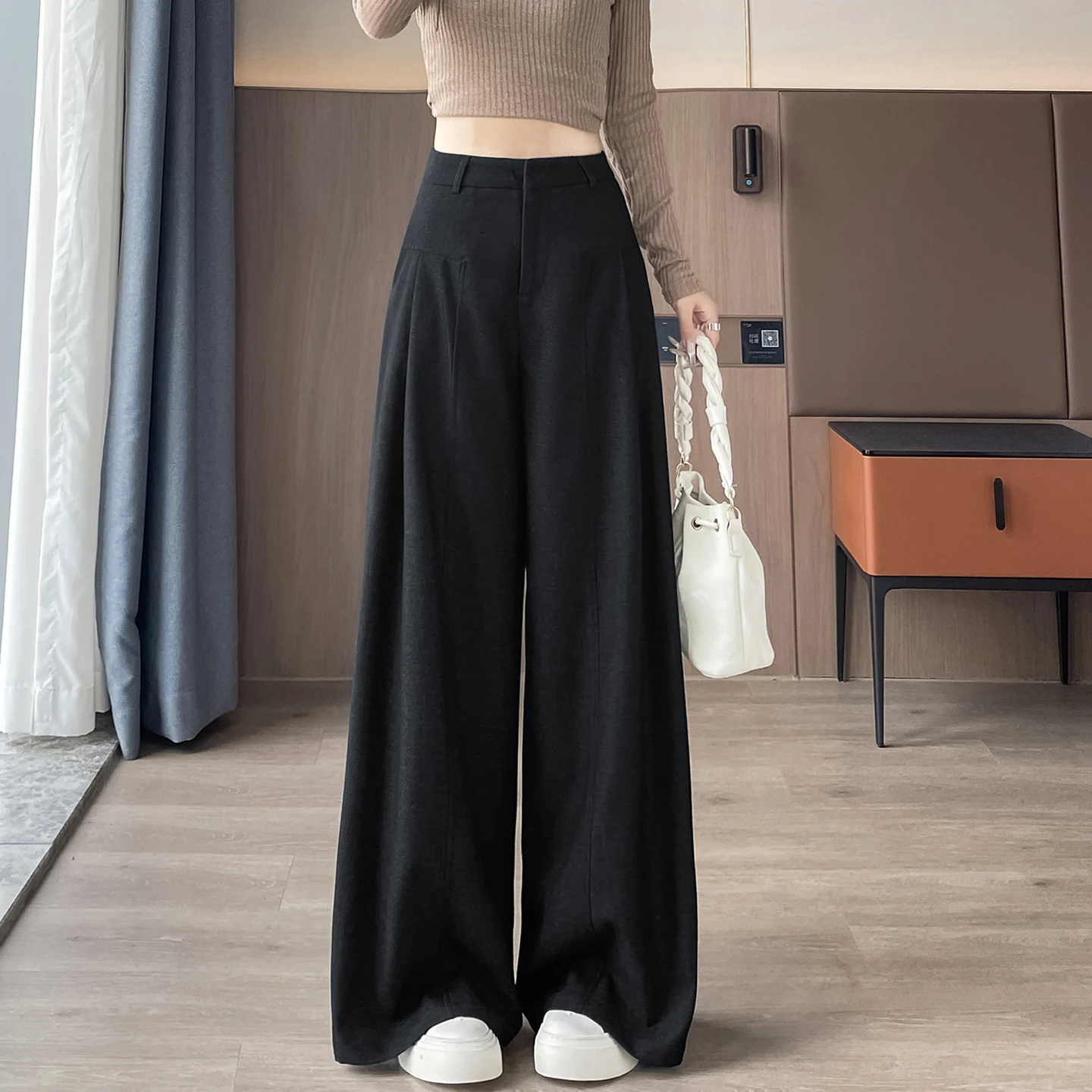 กางเกงขายาวทรงขากว้างสำหรับผู้หญิง สีน้ำเงินเข้ม แบบเดนิม เอวสูง ช่วยเก็บหน้าท้อง ทรงหลวม ขาตรง สไตล์ลำลอง ยาวคลุมเท้า