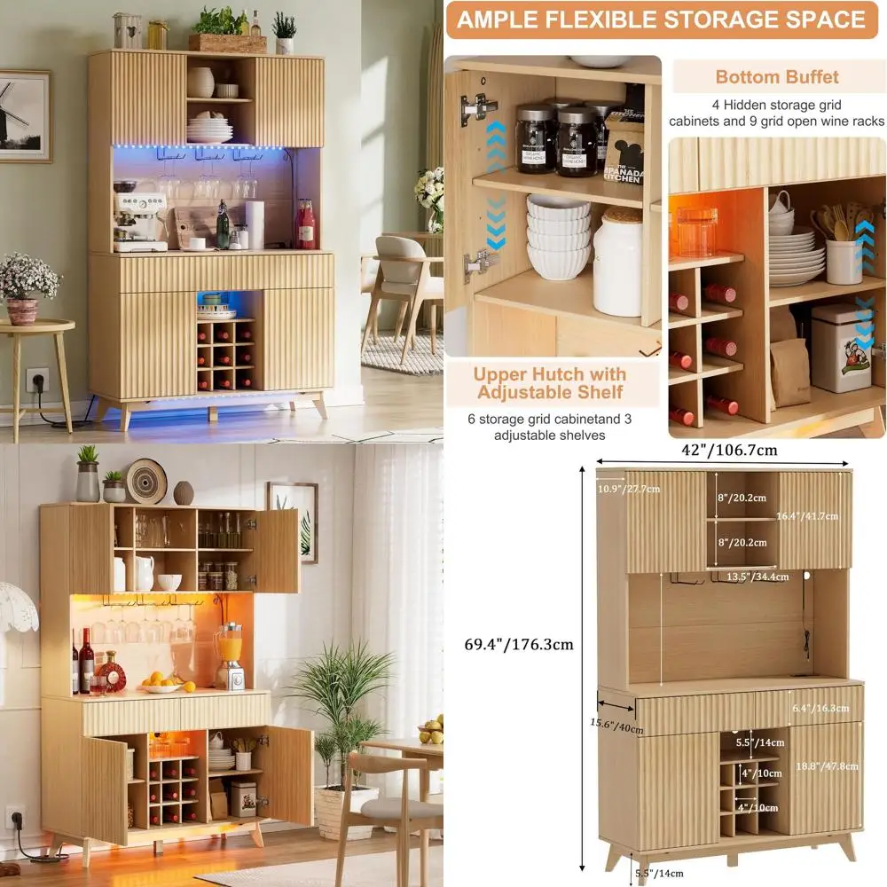 

Винный шкаф-бар на 70 бутылок с LED-подсветкой, для ликеров и кофе, 2 выдвижных ящика, 12-ярусные полки, стеклянная подставка на 9 бокалов для дома