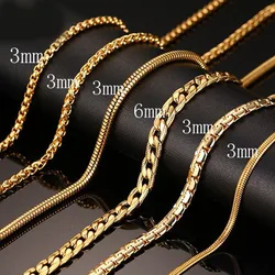 20inch Gold-Color Stainless Steel Chain Necklace For Men Women Snake/Box/Hanging/Curb/Flat/Twist  Link Wide 3mm/6mm