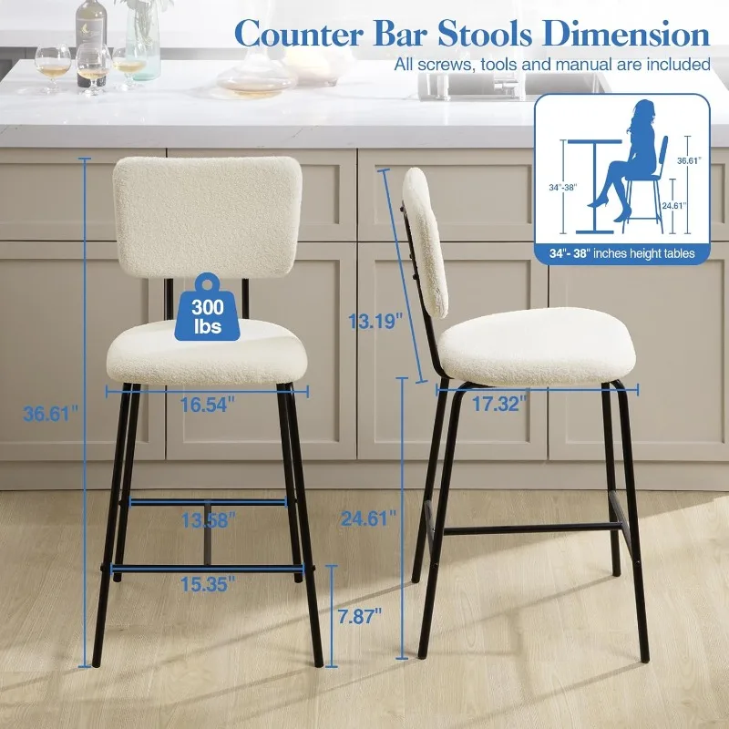 White Counter Stools Set of 2 - Modern Bar Stools Set of 2 with Backs, Counter Height Bar Stools, Upholstered Counter Chair