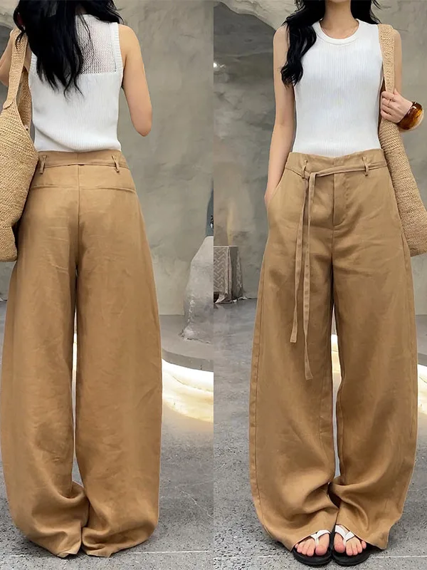 

Мужские повседневные брюки с высокой талией, свободного кроя, из льна, с асимметричным дизайном, широкие штанины, новинка лета 2025