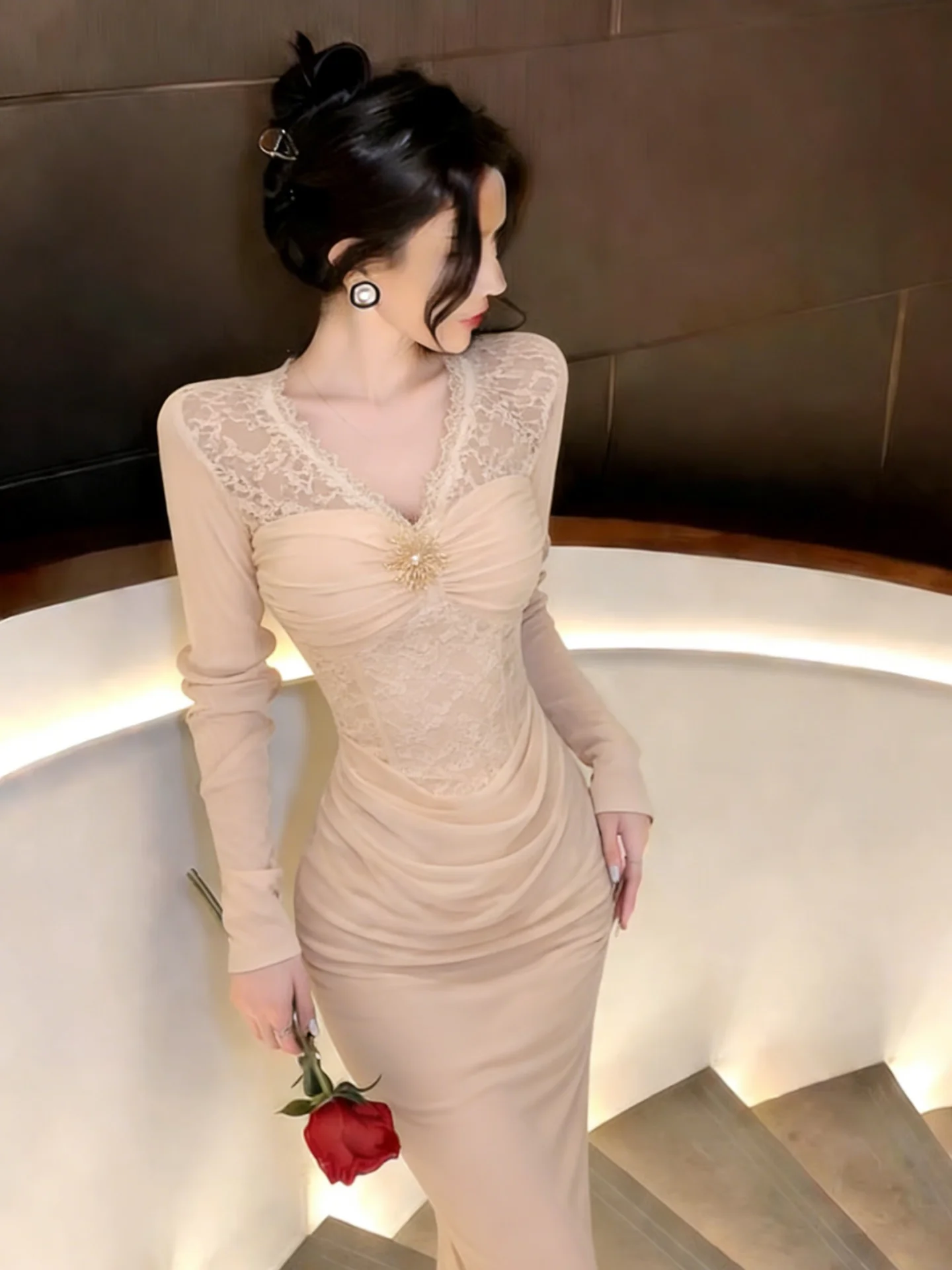 

Ele Long Sve Lace Splice V-Ne Dr Женская легкая матурированная длинная юбка с запахом Body Fi Tail Повседневная одежда Slim Fit