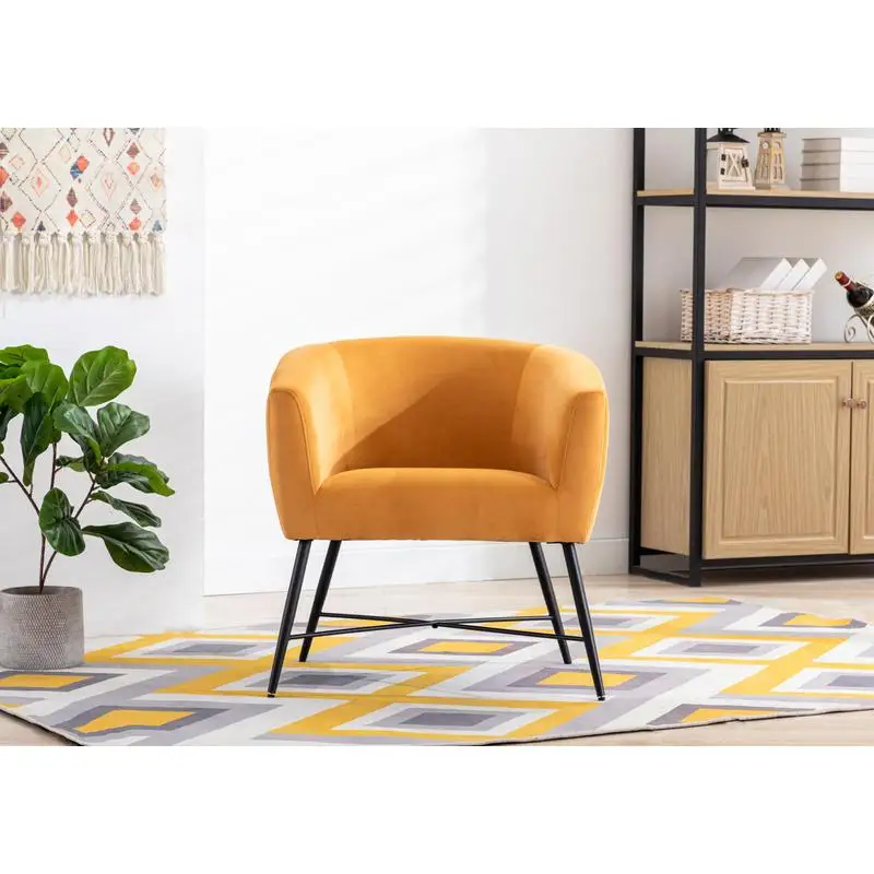 Stylish Yellow Orange Velvet Accent Chair with Clean Lines and Black Metal Legs for Modern Living Room Furniture