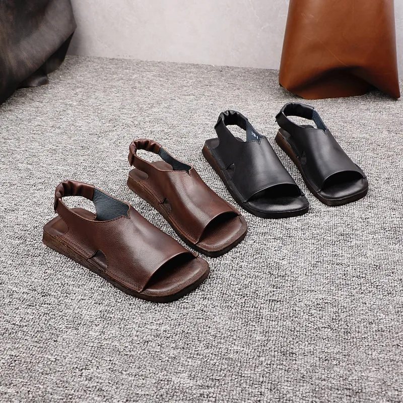 

Женские сандалии Birkuir в стиле ретро с открытым носком, летние плиссированные пляжные шлепанцы на плоской подошве с эластичной лентой, уличные тапочки из натуральной кожи 2025 г.