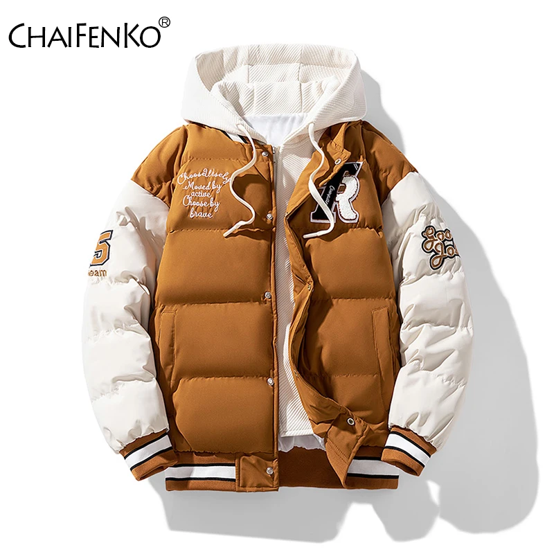 Winter Fashion False Two Piece Men Coat New Keep Warm Thicken Hooded Jacket Outdoors Windproof Comfortable Casual Printing Parka