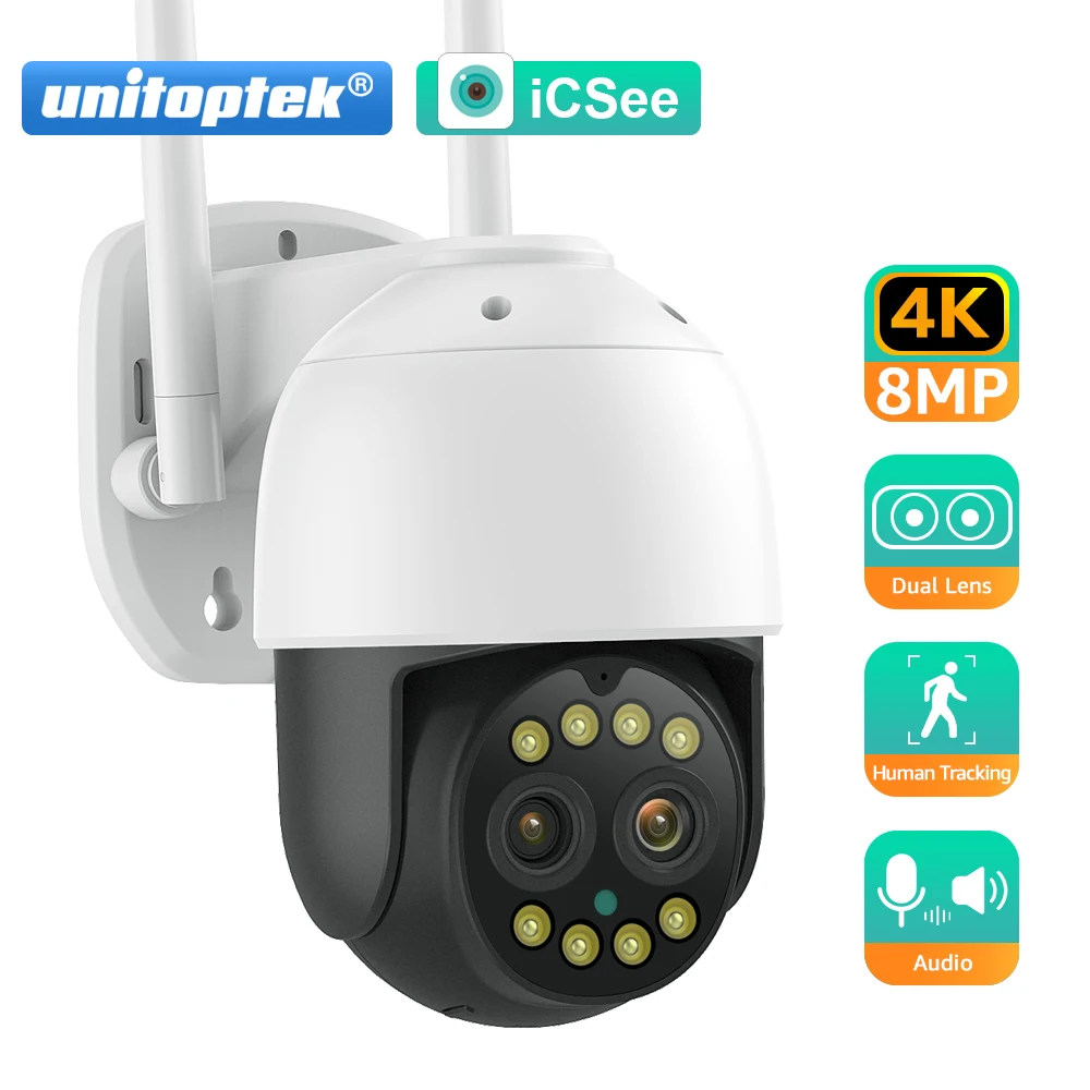 

Dual Lens HD 8MP WIFI Camera PTZ 8X Digital Zoom 4K AI humanoid Auto Tracking Zoom Outdoor Audio iCSee Security Camera