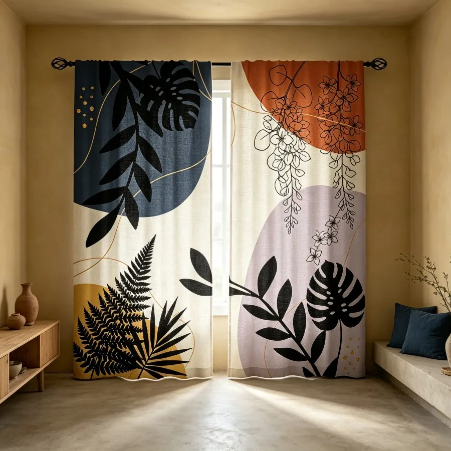 2PCS Digital Print Curtain, Abstract Monstera Fern Black Leaves Color Block, Modern Boho Style for Living Room Bedroom Decor