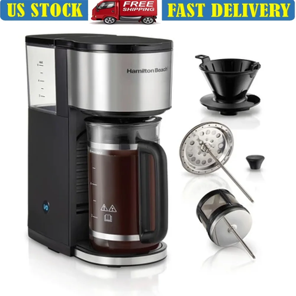 7in1 Stainless Coffee Maker Compact Drip Pour Over Machine 6 Cup Dishwasher Safe Adjustable Cup Stand 1050W Easy Cleanup